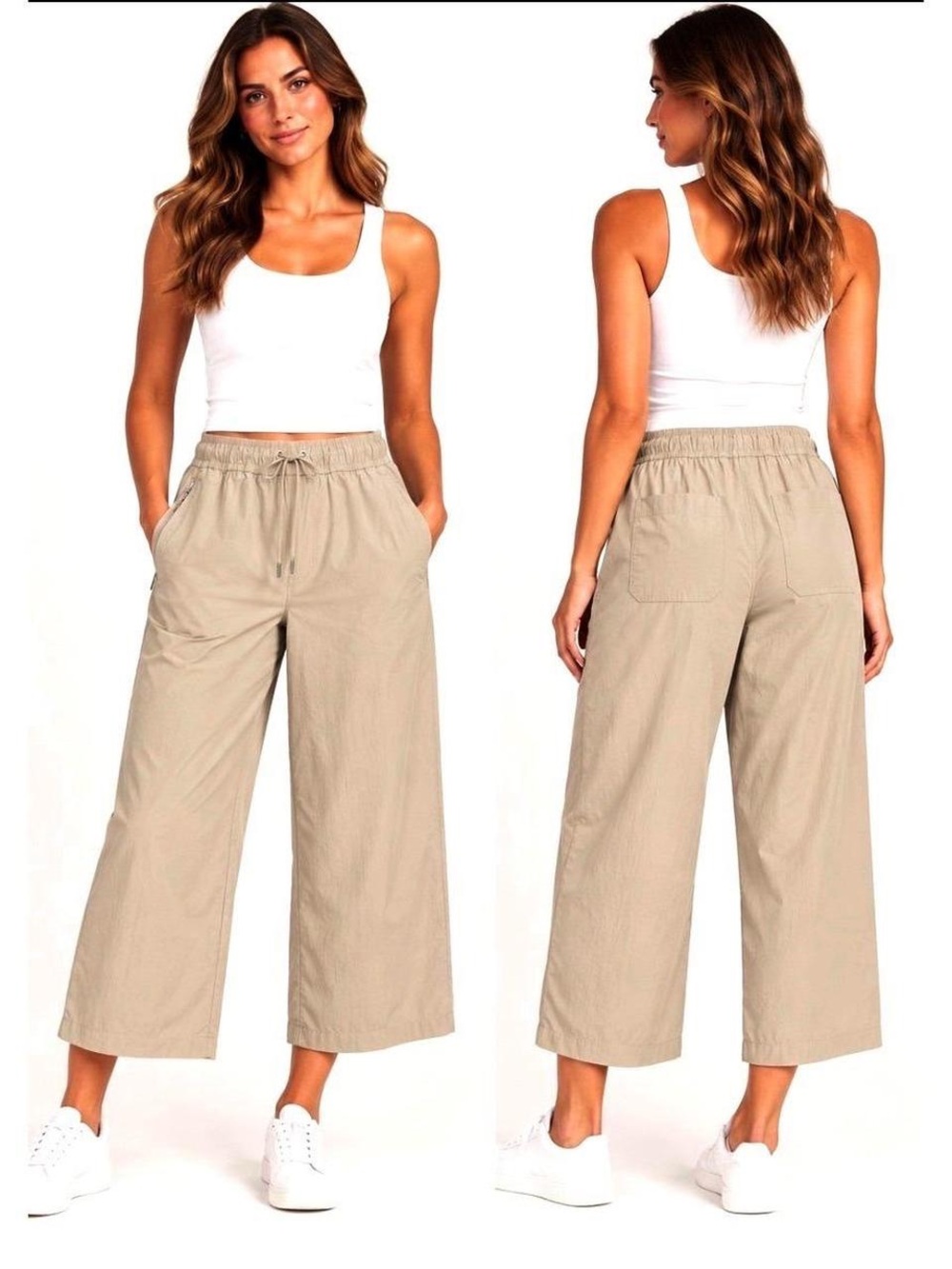 Athleta Tan Wide Leg Drawstring Cropped Pants
